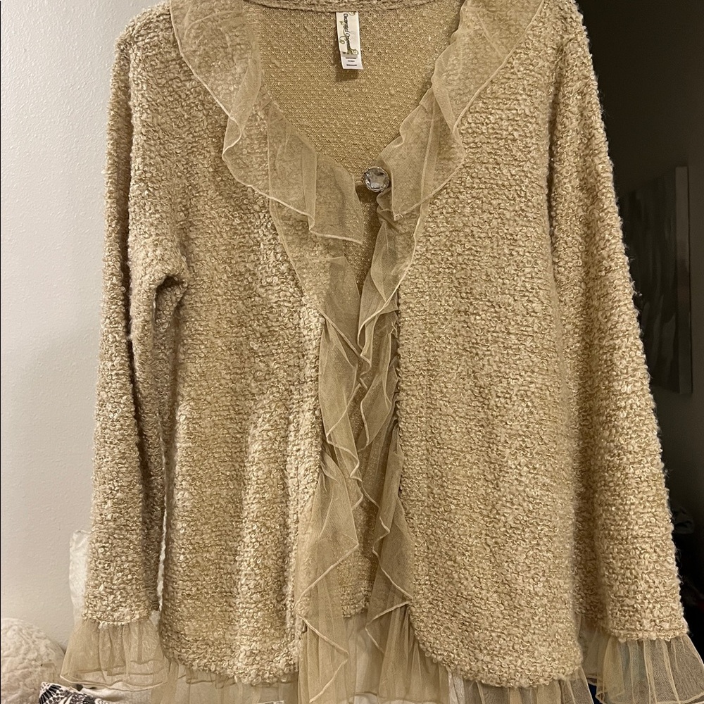 Decorated Originsls Tan Cardigan Sweater with Sheer Lace Trim, Size M